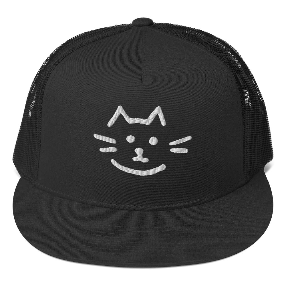 Meow Face Trucker Cap with cat design, trendy streetwear fashion, eco-friendly cotton blend, unique mesh back, snapback closure