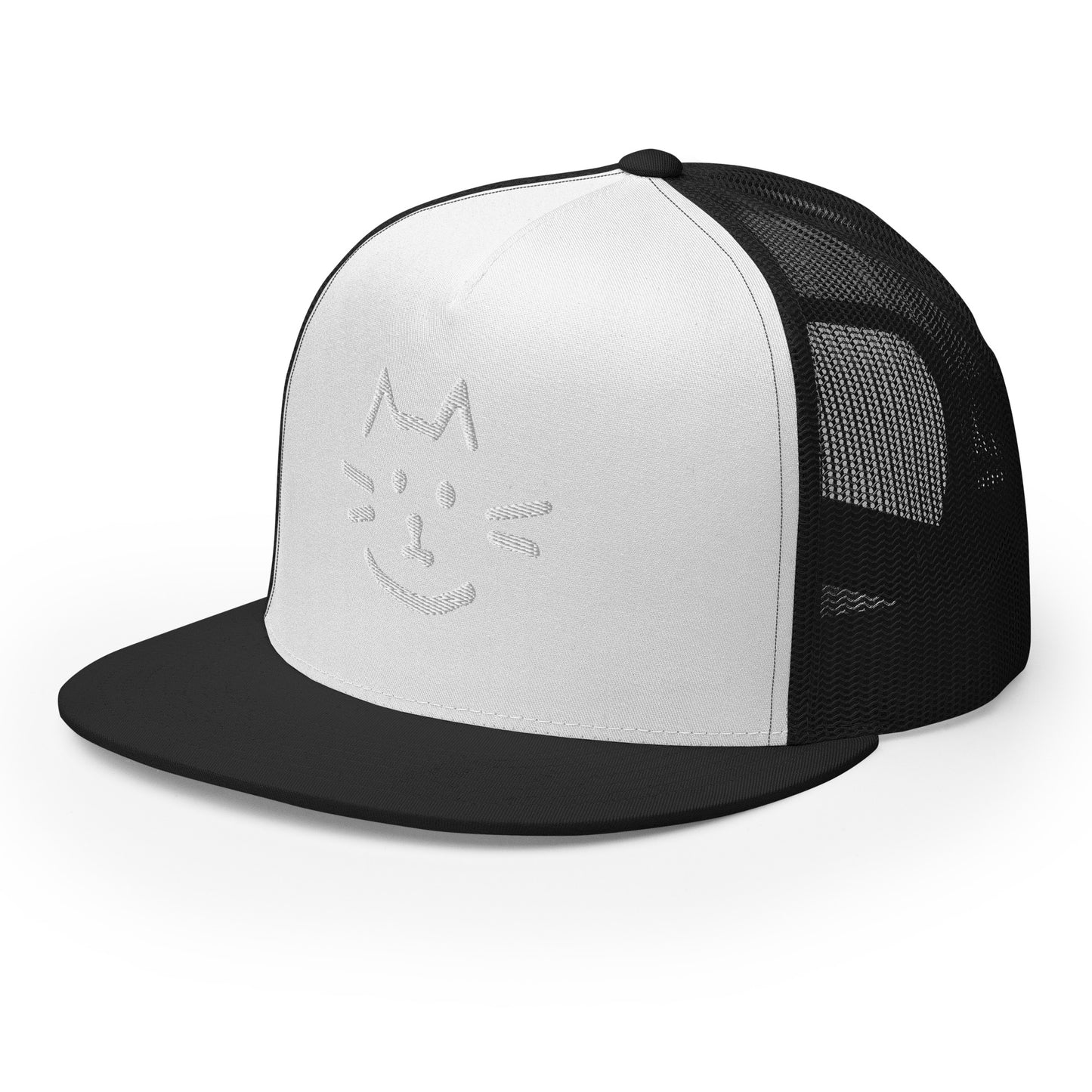 Meow Face Trucker Cap - LUDE fashion, streetwear, unique designs, custom apparel, gift ideas, trendy, eco-friendly, statement pieces, graphic tees, sustainable fashion, minimalist, pop culture, creative prints, bold designs, limited edition, casual wear, artistic, lifestyle