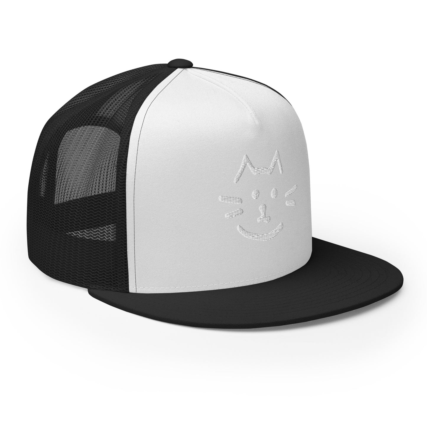 Meow Face Trucker Cap - LUDE fashion, streetwear, unique designs, custom apparel, gift ideas, trendy, eco-friendly, statement pieces, graphic tees, sustainable fashion, minimalist, pop culture, creative prints, bold designs, limited edition, casual wear, artistic, lifestyle