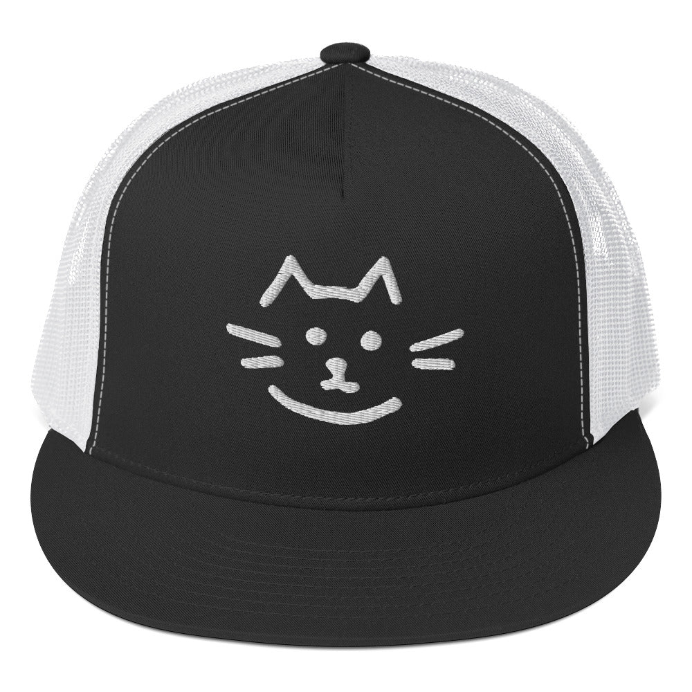 Meow Face Trucker Cap - LUDE fashion, streetwear, unique designs, custom apparel, gift ideas, trendy, eco-friendly, statement pieces, graphic tees, sustainable fashion, minimalist, pop culture, creative prints, bold designs, limited edition, casual wear, artistic, lifestyle