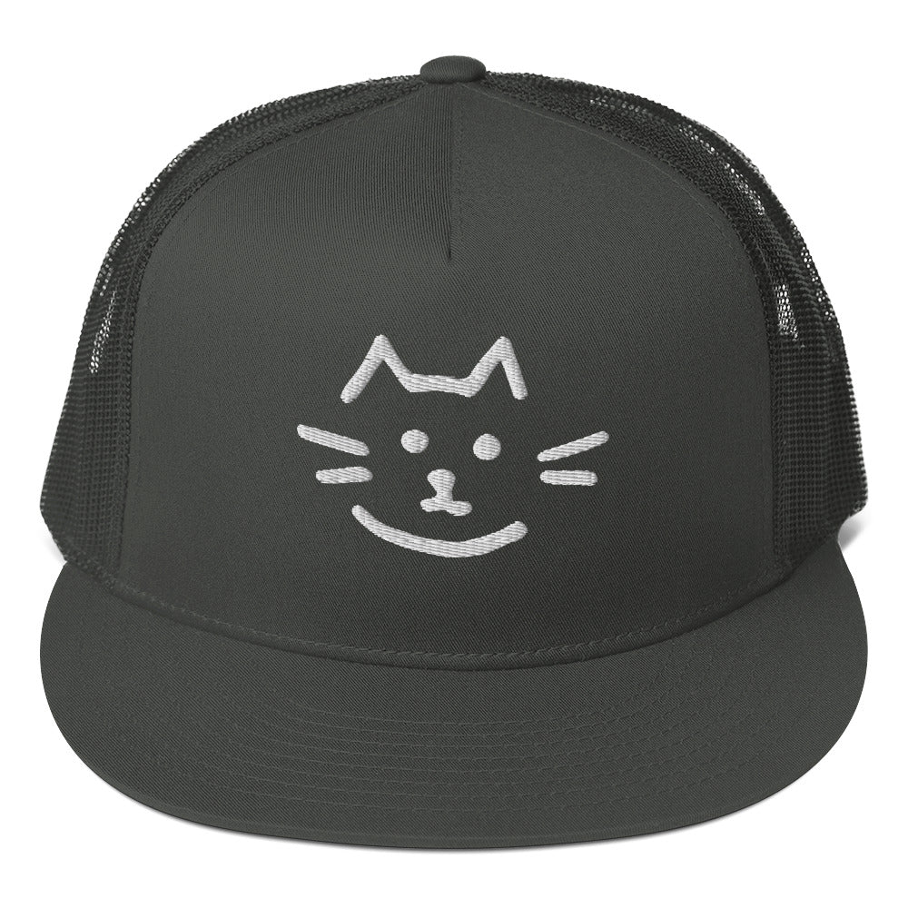 Meow Face Trucker Cap, classic black design with cat graphic, eco-friendly fashion accessory, perfect for casual streetwear lovers.