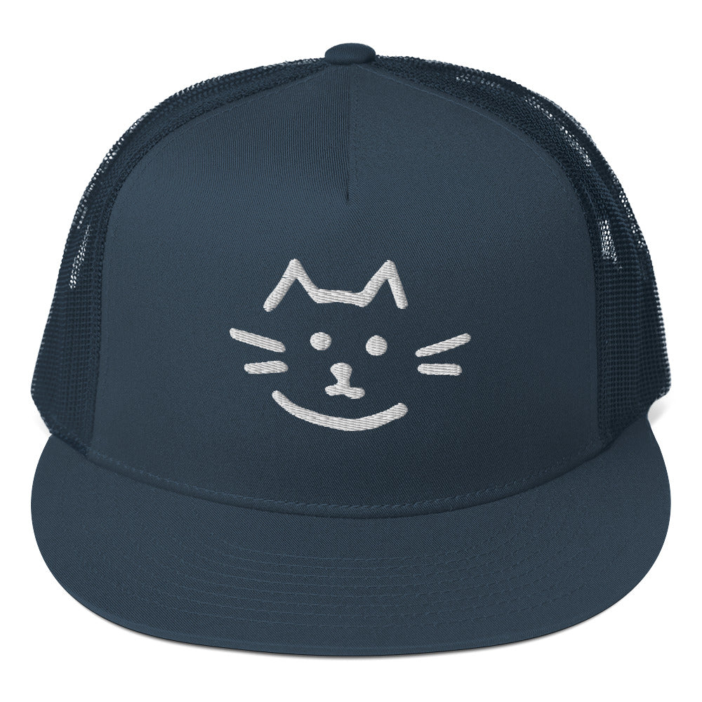 Meow Face Trucker Cap with cat graphic, trendy streetwear hat, eco-friendly custom apparel, unique accessory for fashion enthusiasts