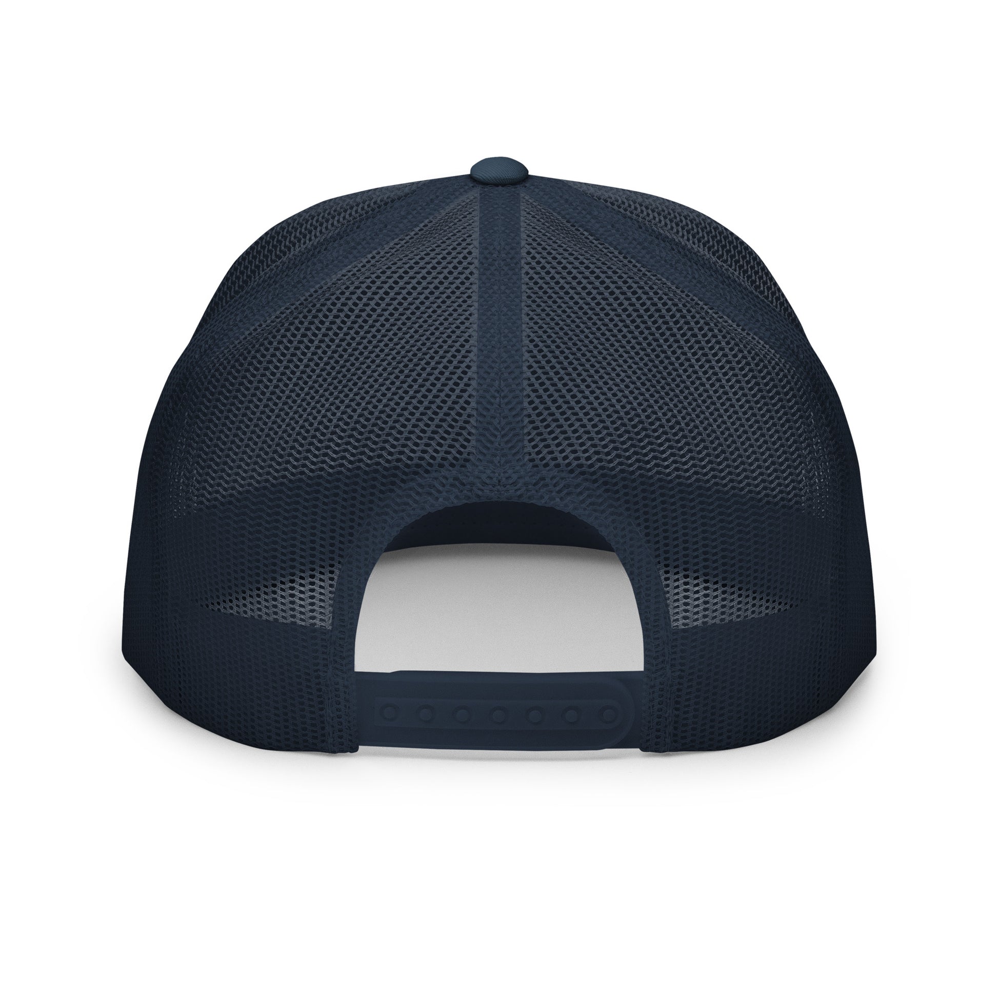 Back view of Meow Face Trucker Cap featuring adjustable snapback closure, trendy streetwear design, eco-friendly materials.