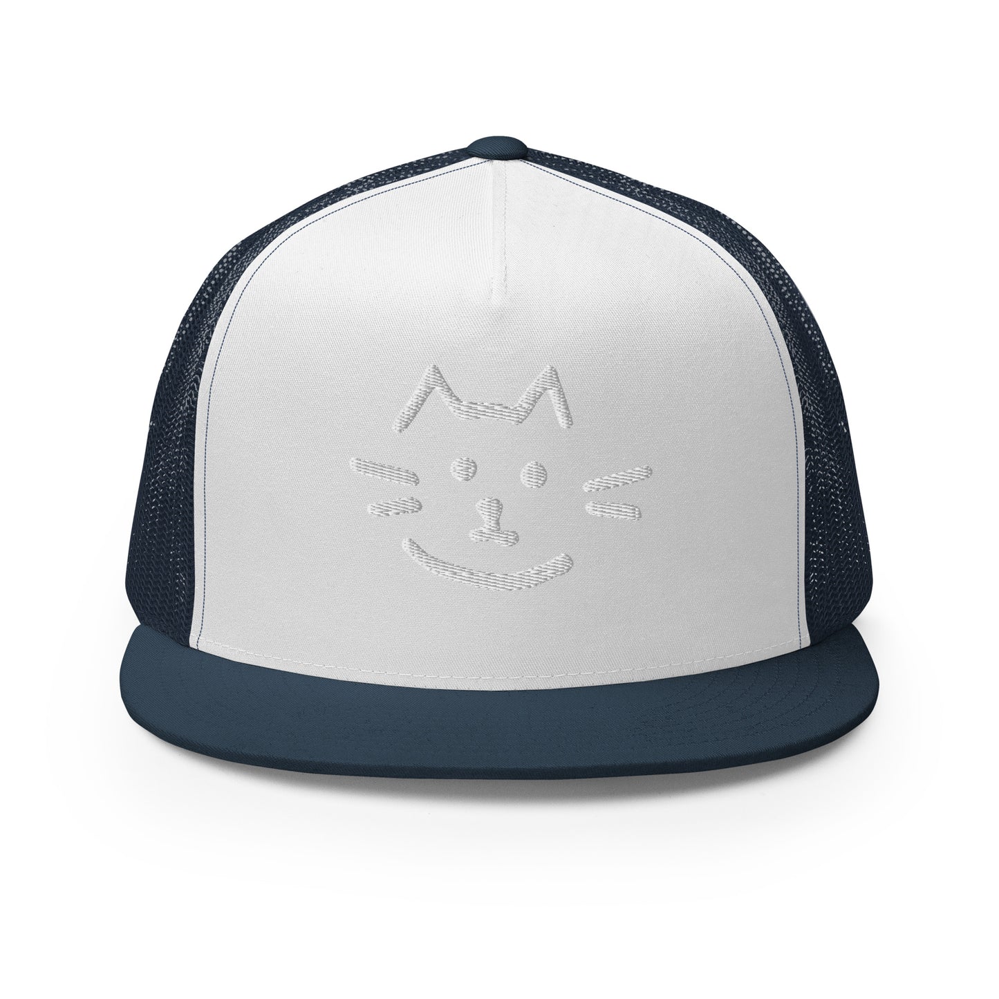 Meow Face Trucker Cap with cat design, trendy minimalist streetwear, eco-friendly fashion accessory for casual wear.