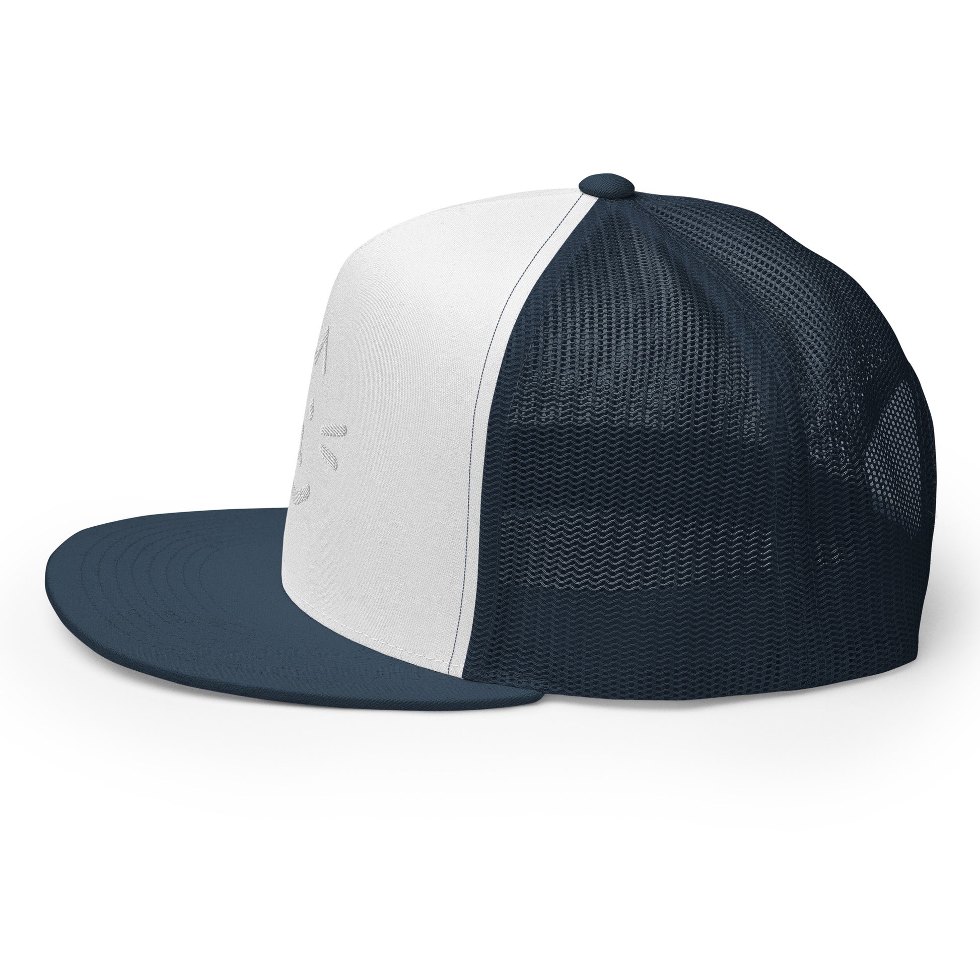 Meow Face Trucker Cap with flat bill and snapback closure, featuring a classic design in a navy and white color scheme. Perfect for fashion lovers.