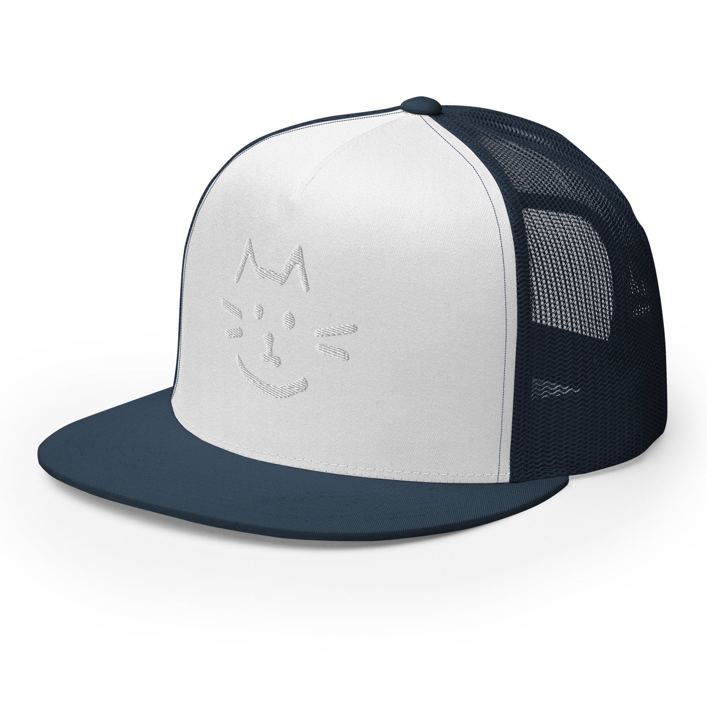 Meow Face Trucker Cap with minimalist cat design, eco-friendly fabric blend, ideal for trendy fashion and casual streetwear.