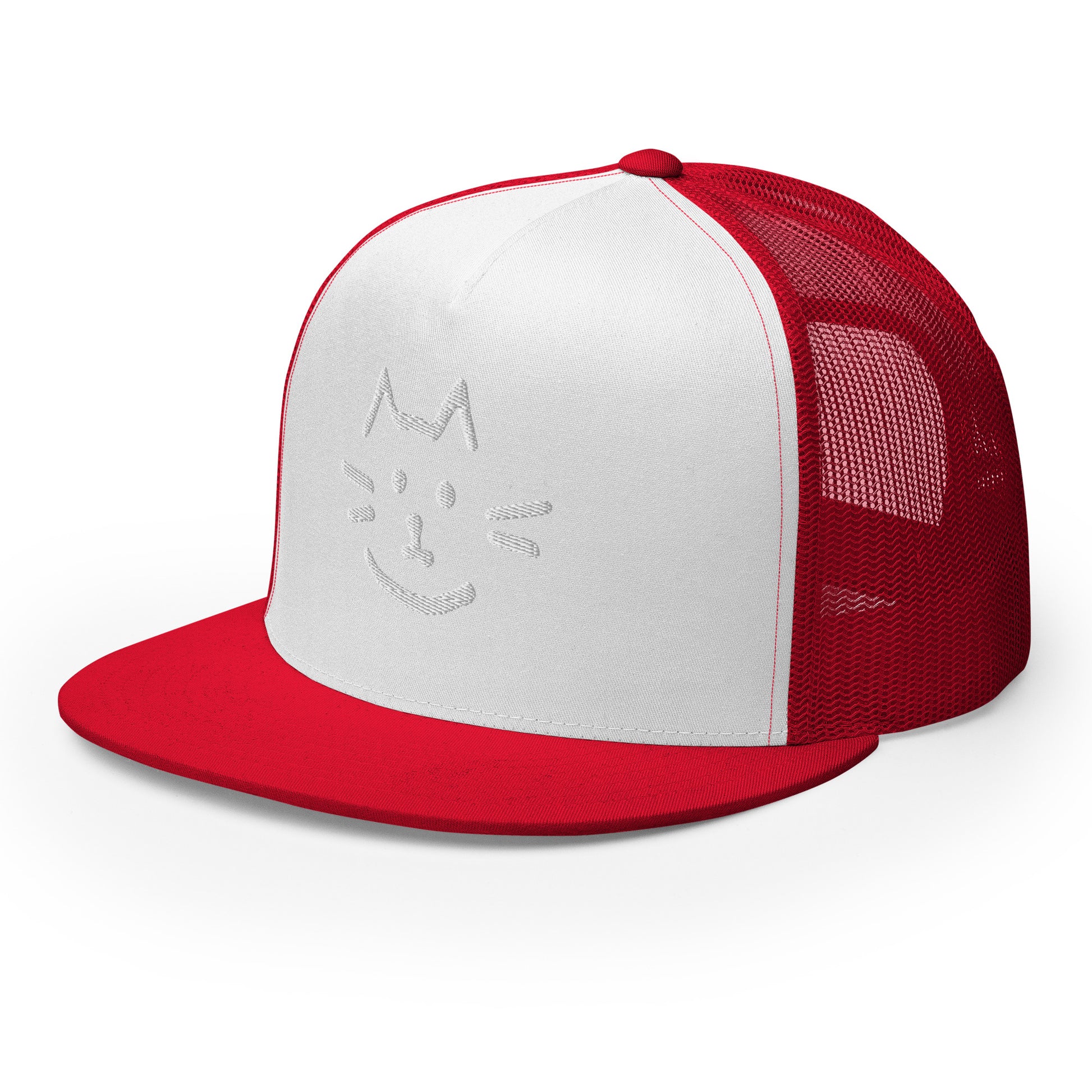 Meow Face Trucker Cap in red and white with minimalist cat design, perfect for streetwear and eco-friendly fashion lovers.