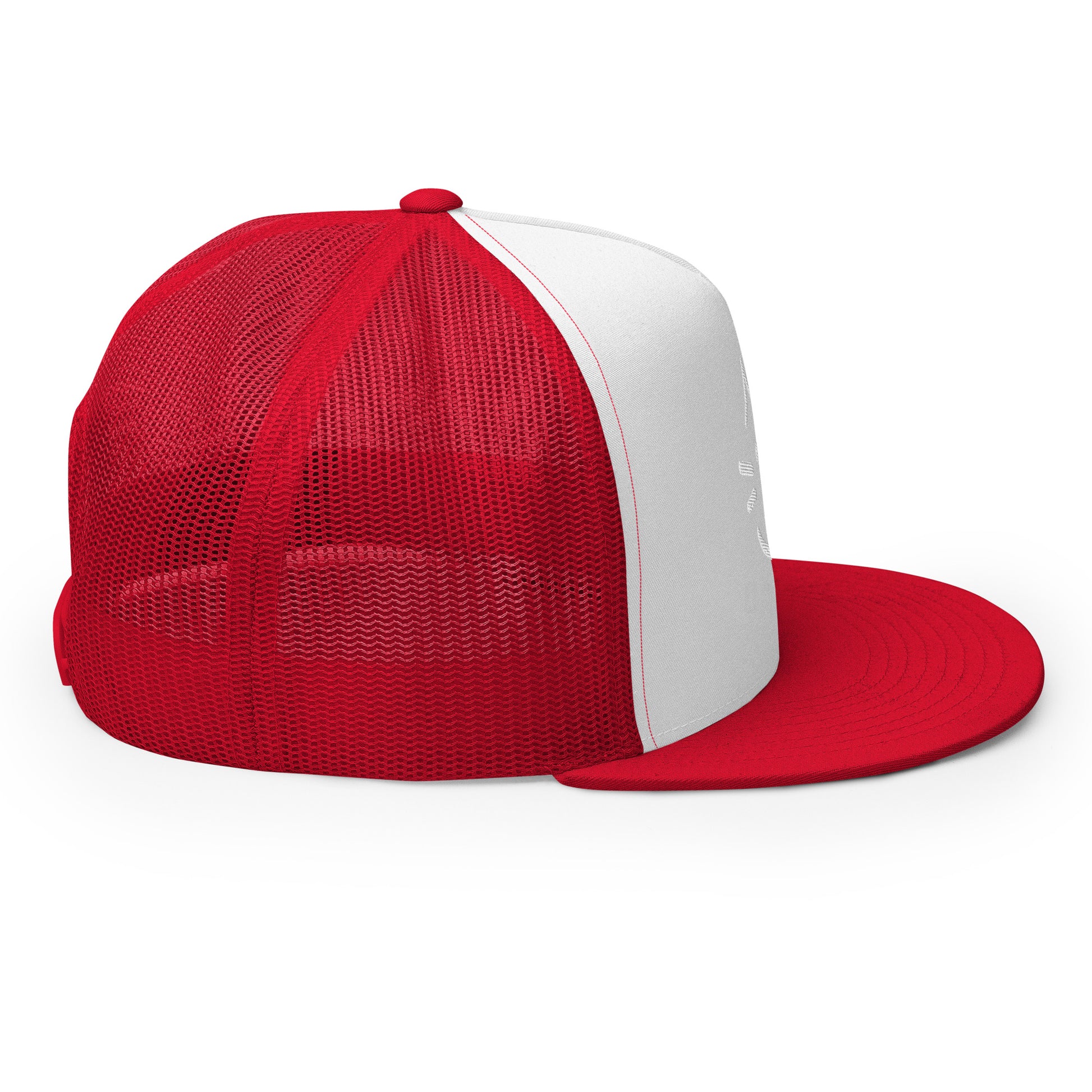 Red and white Meow Face trucker cap with snapback closure, perfect for streetwear and eco-friendly fashion enthusiasts.