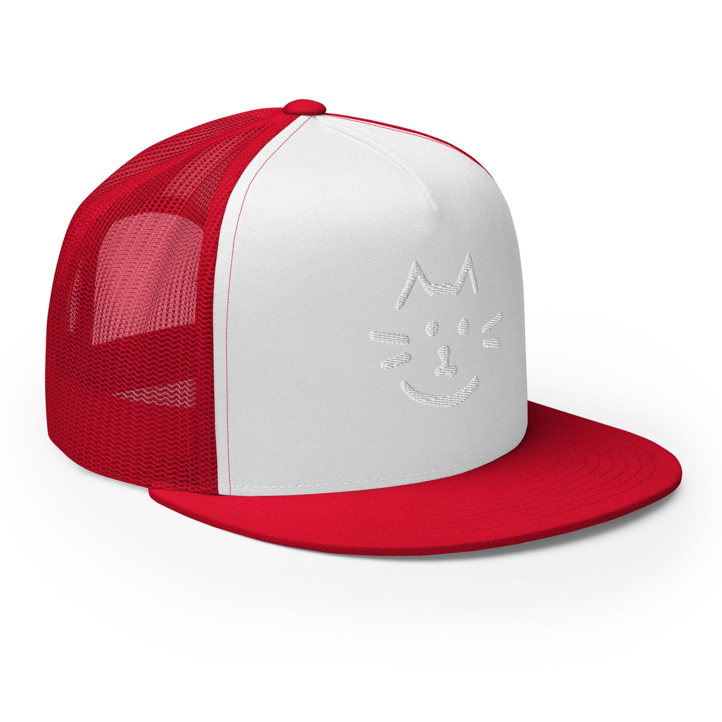 Red and white Meow Face Trucker Cap with embroidered cat design, perfect for trendy streetwear and eco-friendly fashion enthusiasts.