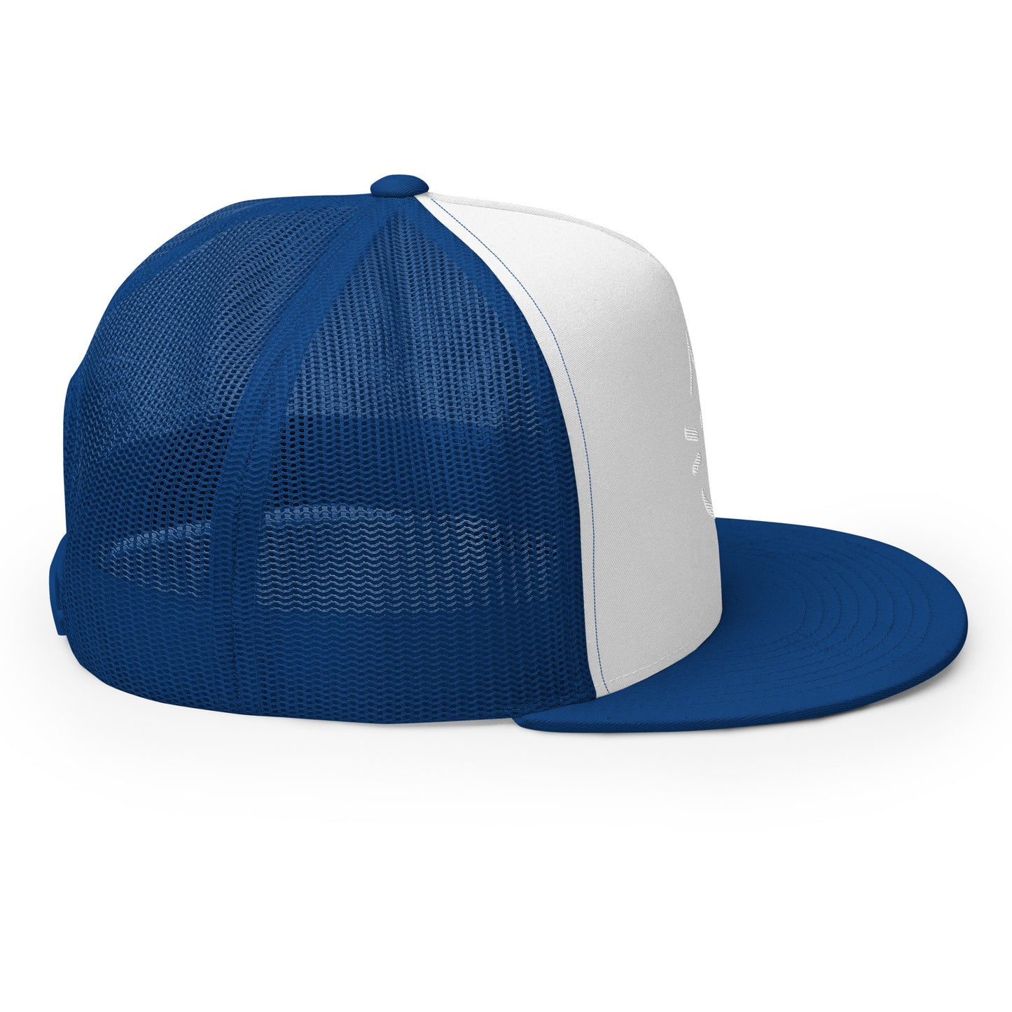 Blue and white trucker cap with mesh back, flat bill, and snapback closure, perfect for streetwear and sustainable fashion enthusiasts.