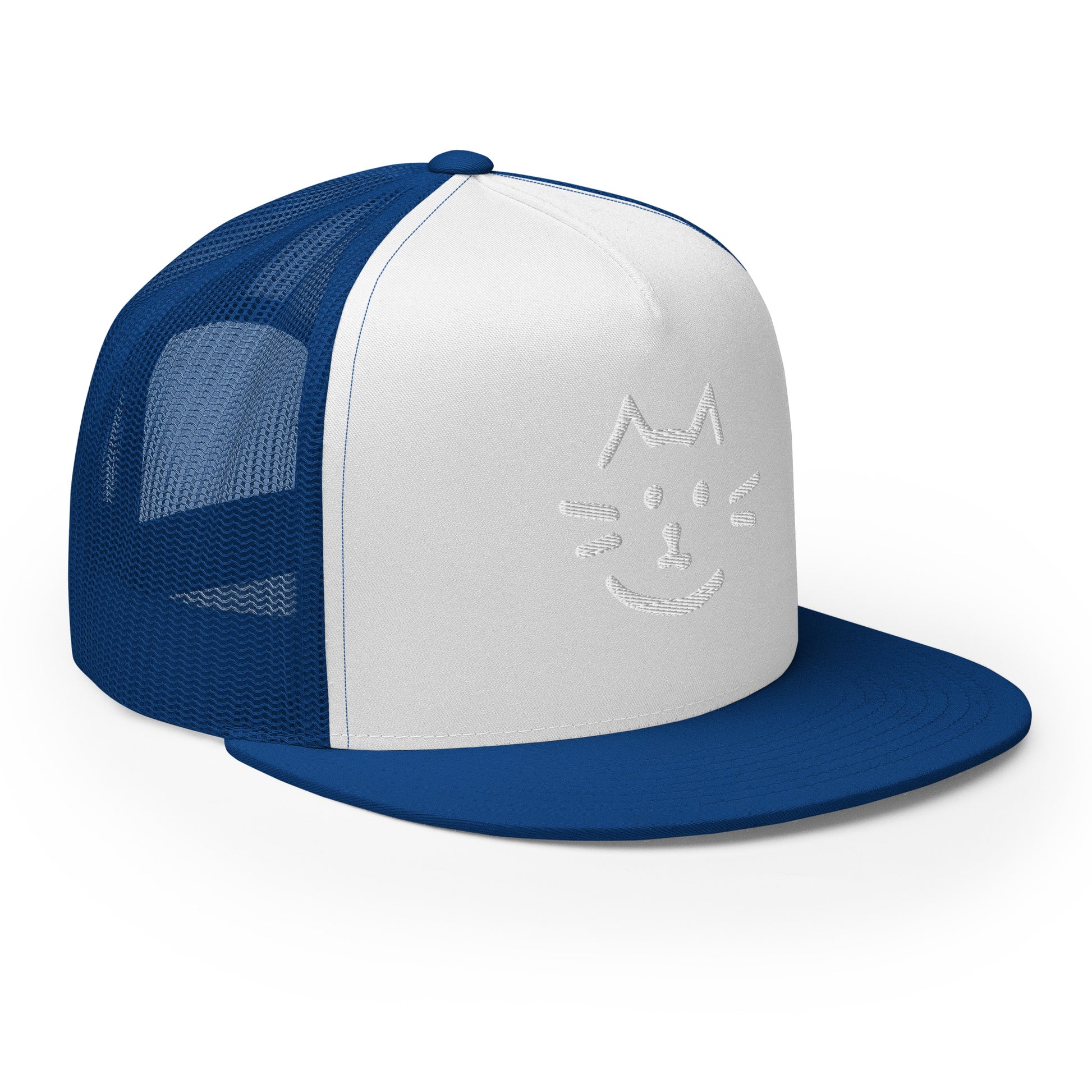 Blue and white Meow Face Trucker Cap with minimalist design, structured high profile, and snapback closure for trendy streetwear fashion.