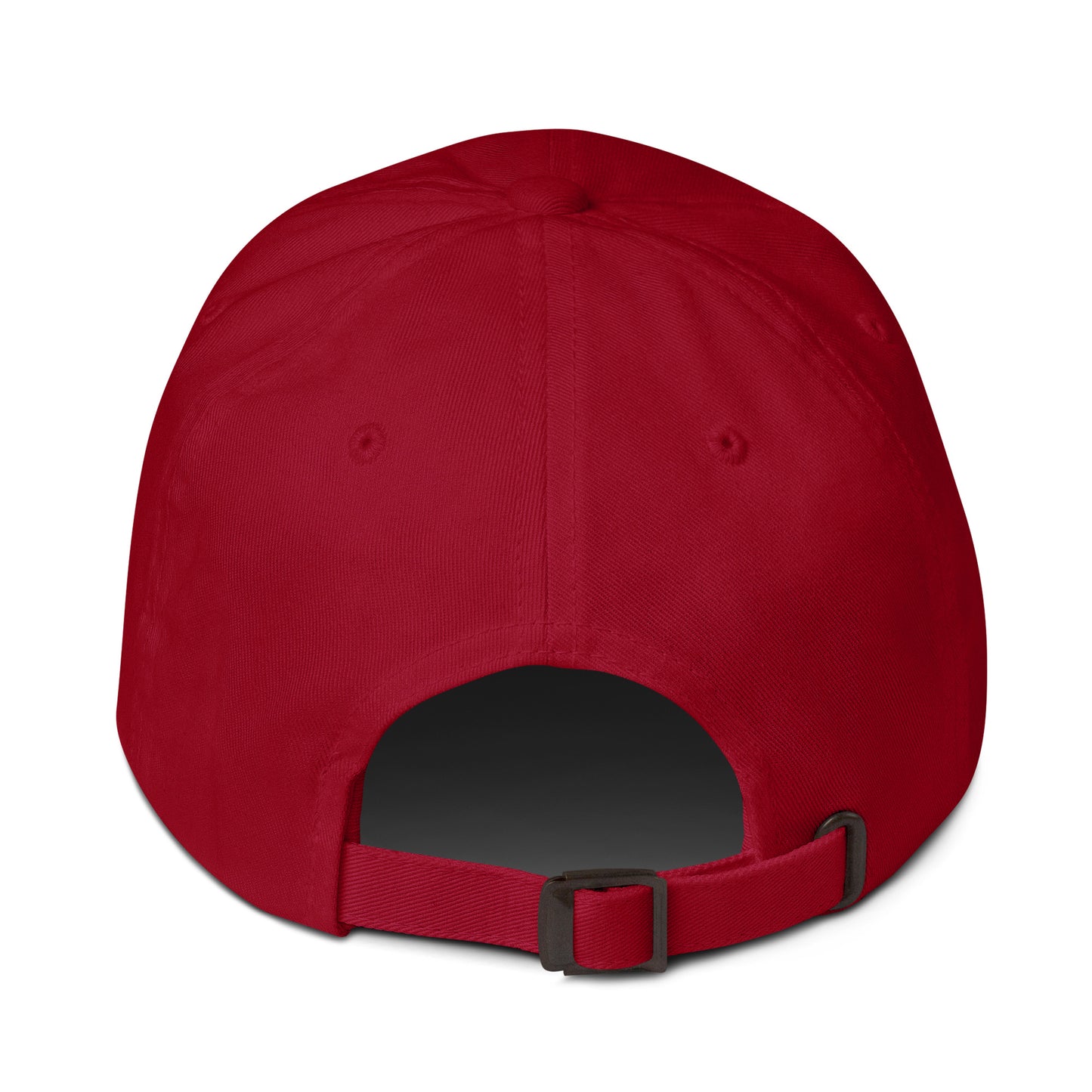 Red dad hat with adjustable strap and buckle, back view. Perfect for streetwear, fashion, and custom eco-friendly apparel.