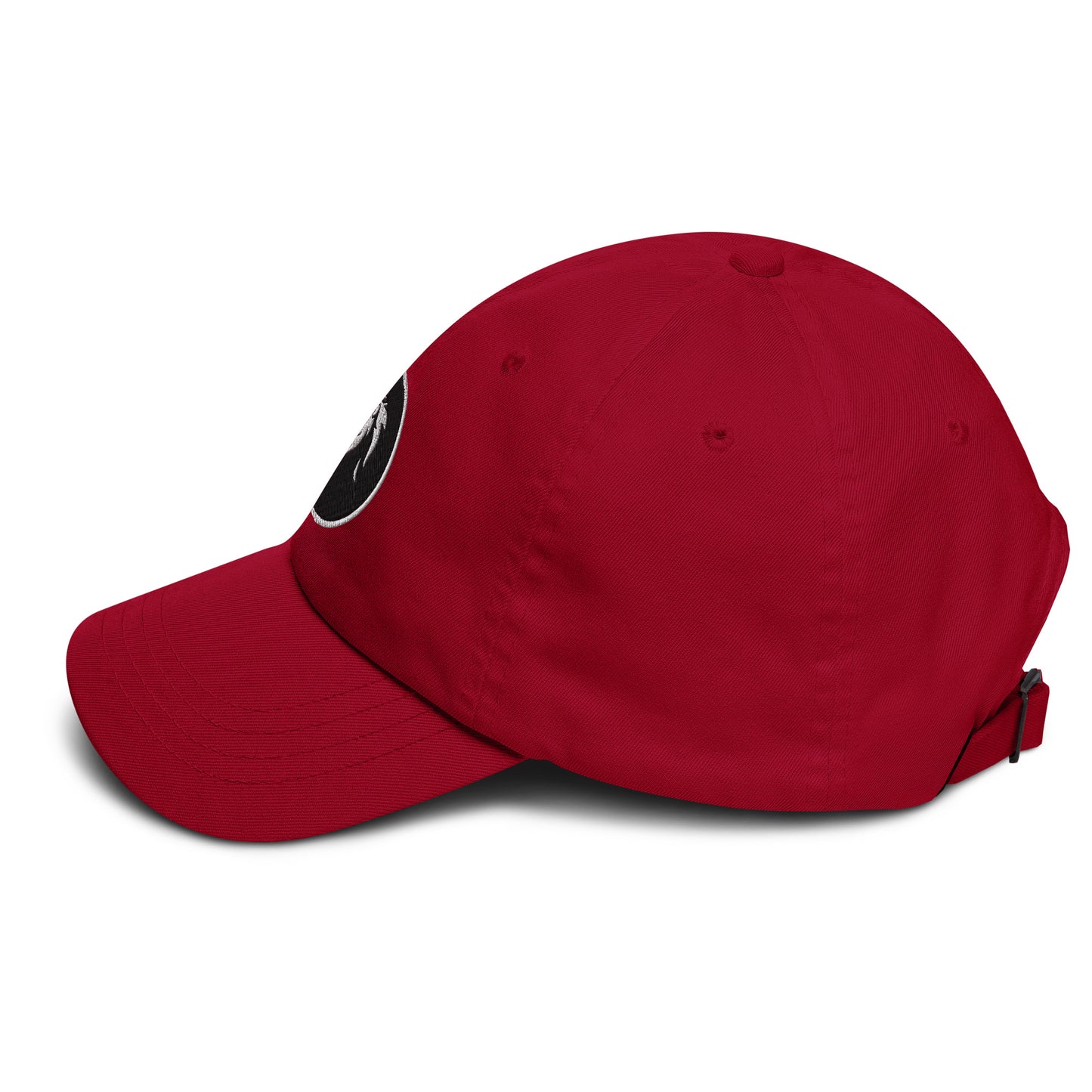 Red stitched lion dad hat with adjustable strap, low-profile design, and eco-friendly materials for trendy streetwear fashion.