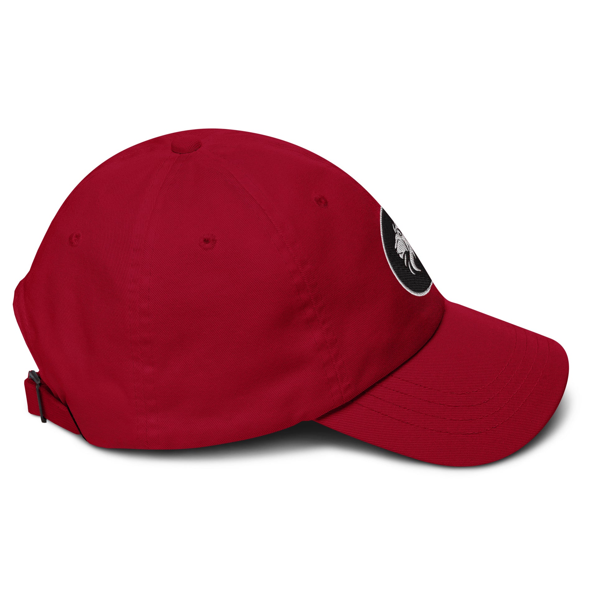 Red stitched lion Dad hat with adjustable strap and low-profile design, perfect for trendy streetwear and sustainable fashion.