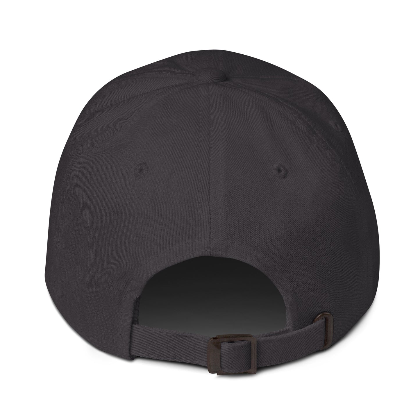 Back view of black dad hat with adjustable strap and antique buckle, showcasing unique and trendy design for eco-friendly streetwear fashion.