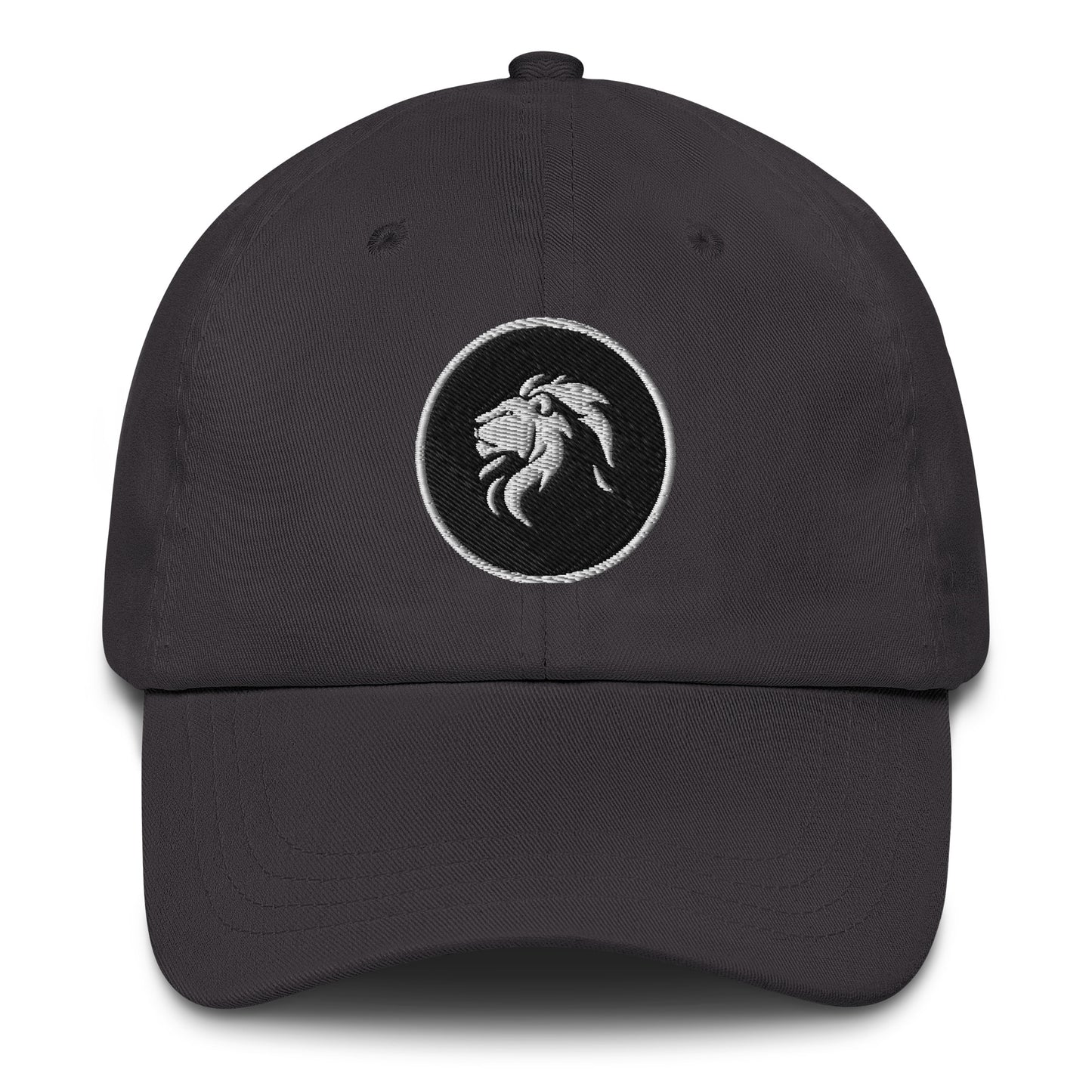 Stitched lion Dad hat with low profile, adjustable strap, and curved visor, perfect for eco-friendly fashion and streetwear lovers.