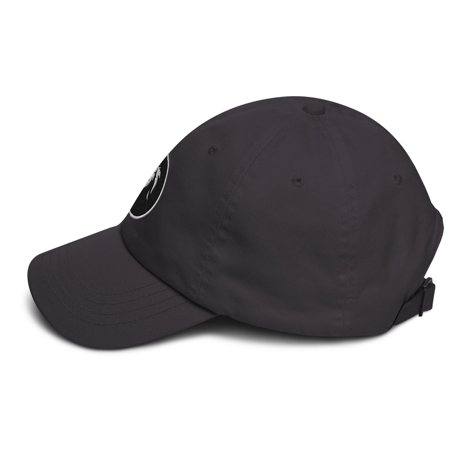 Black stitched lion dad hat with adjustable strap and curved visor, perfect for trendy streetwear and eco-friendly fashion enthusiasts.