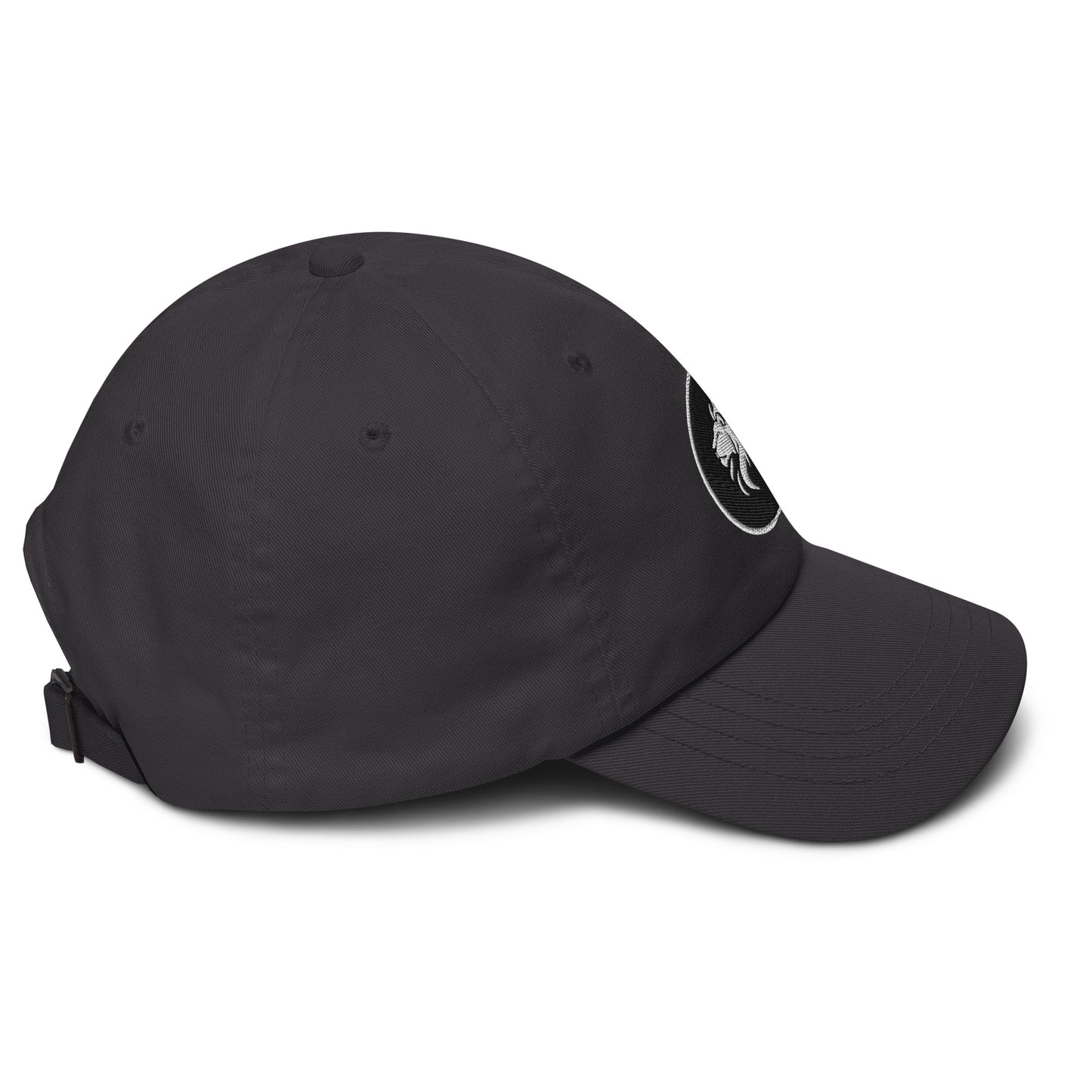 Black stitched lion Dad hat with adjustable strap and curved visor, perfect for trendy streetwear and sustainable fashion enthusiasts.