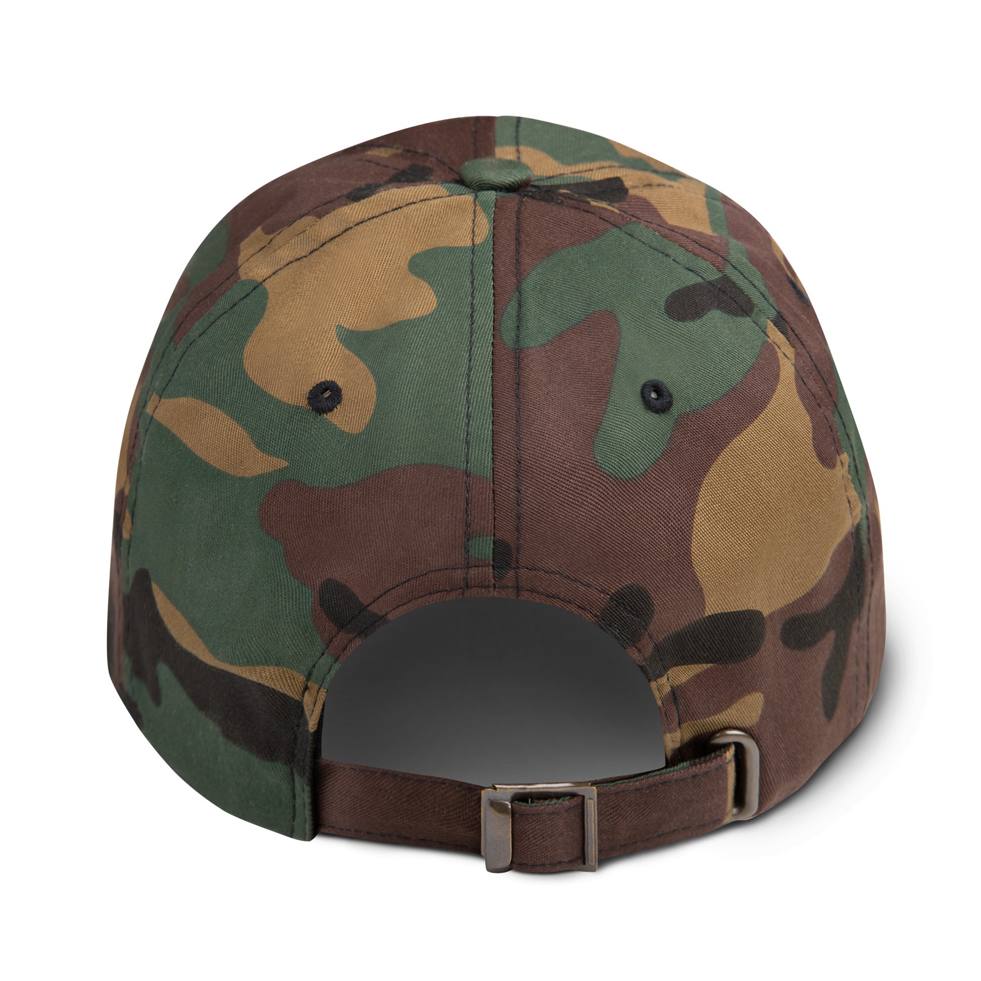 Camo print Dad hat back view with adjustable strap and antique buckle, perfect for streetwear and eco-friendly fashion enthusiasts.