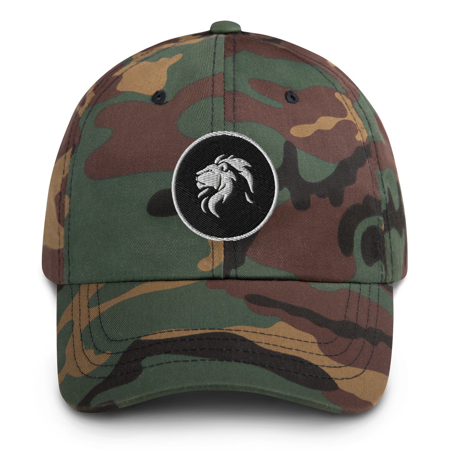 Green camo Dad hat with stitched lion design, featuring a low profile and adjustable strap for eco-friendly, trendy streetwear lovers.