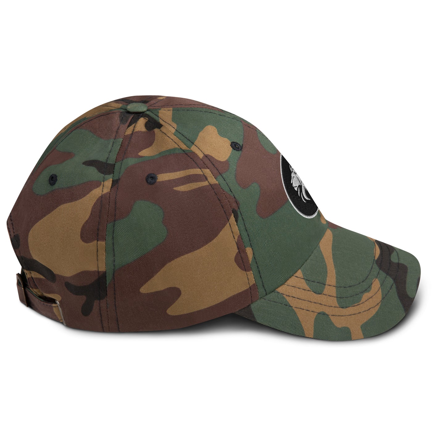 Green camo Dad hat with stitched lion design, adjustable strap, eco-friendly streetwear accessory, casual and trendy minimalist fashion.