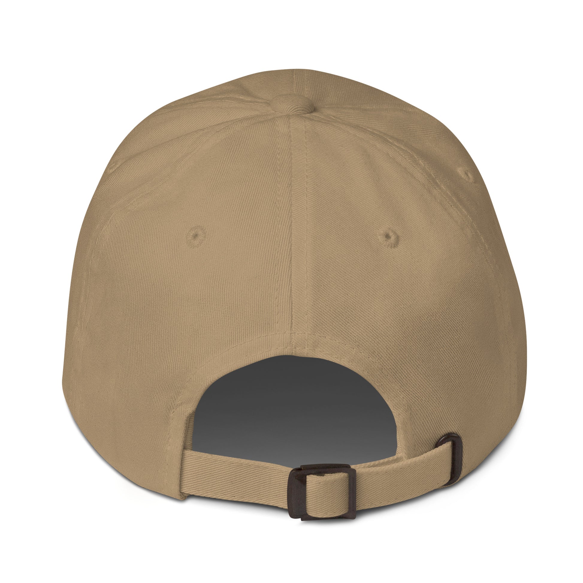 Back view of adjustable vintage khaki dad hat with antique buckle and unstructured low-profile design, perfect for custom sustainable fashion.