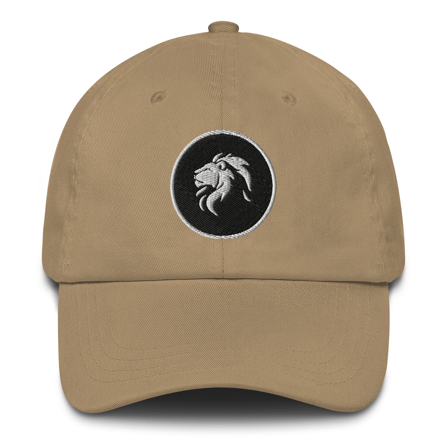 Tan dad hat with stitched lion emblem, featuring adjustable strap and curved visor. Perfect for fashion and unique streetwear enthusiasts.