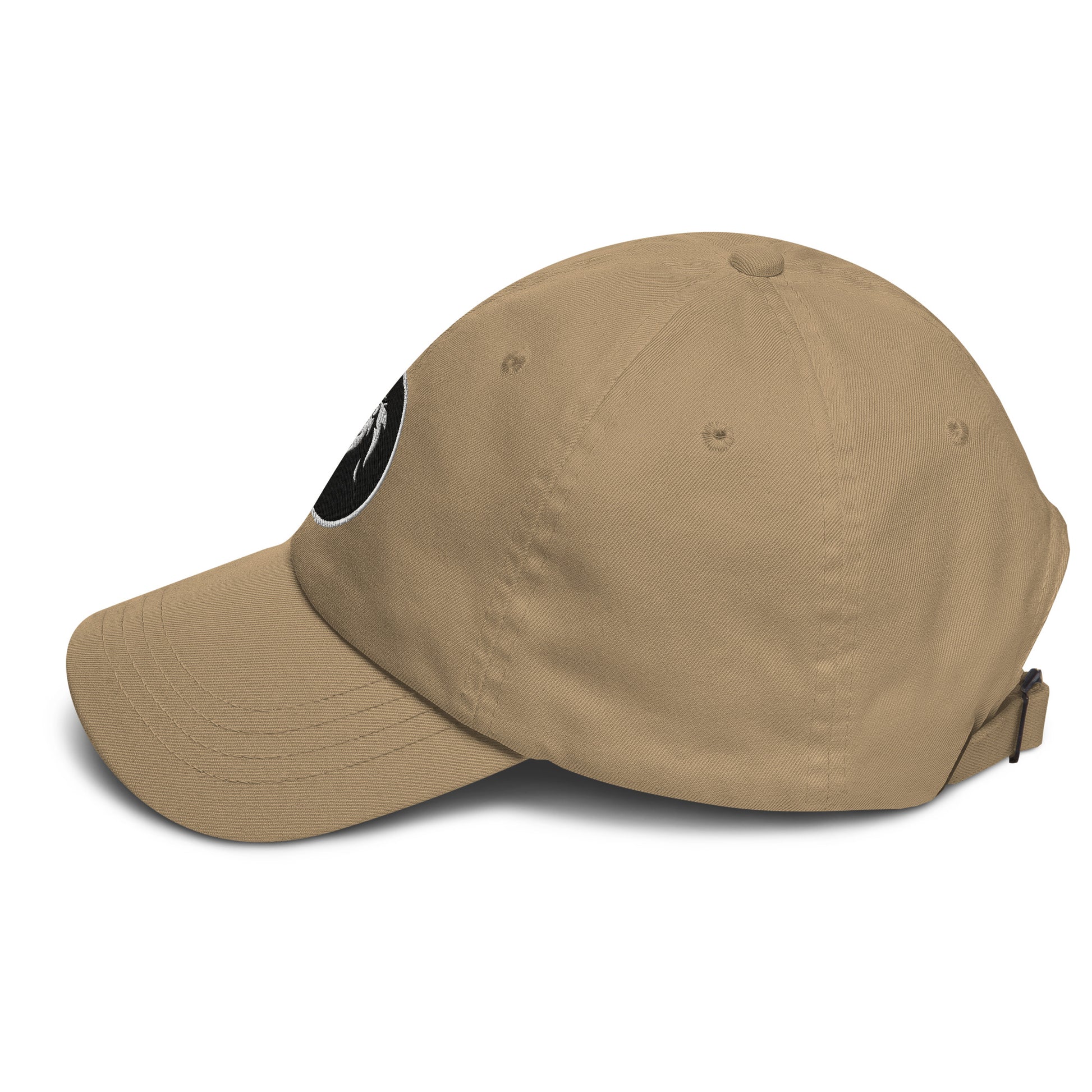 Stitched lion Dad hat with adjustable strap, low-profile design, and khaki color for trendy, eco-friendly streetwear fashion.