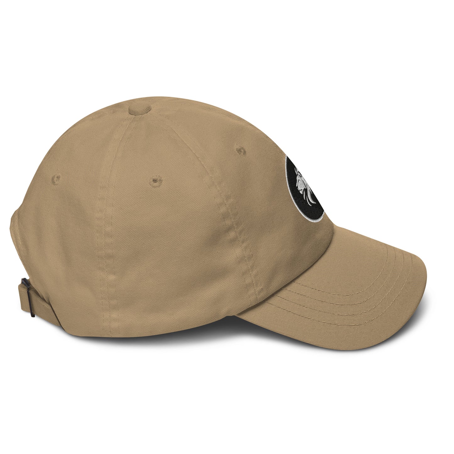 Stitched lion dad hat in khaki, low-profile unstructured design with adjustable strap, ideal for casual and eco-friendly streetwear.