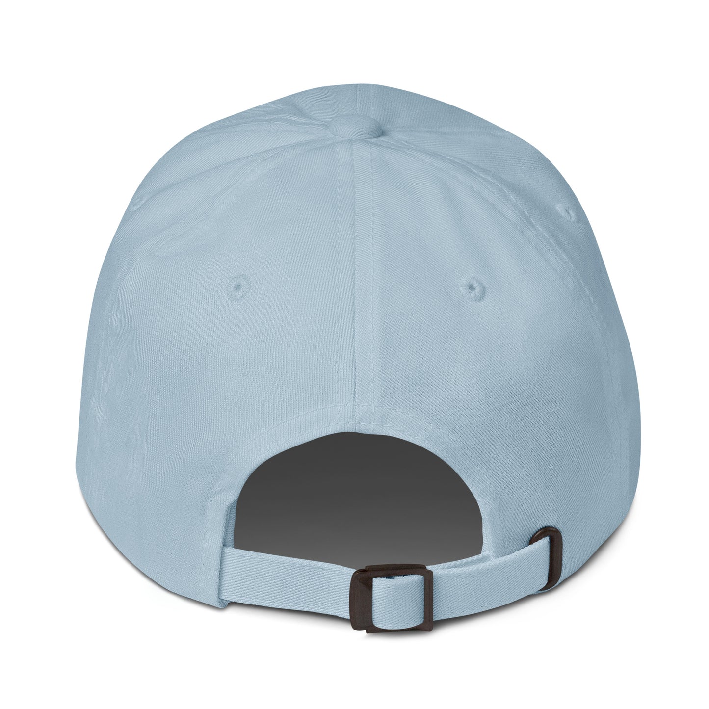 Back view of light blue dad hat with adjustable strap and antique buckle, showcasing casual streetwear fashion style.