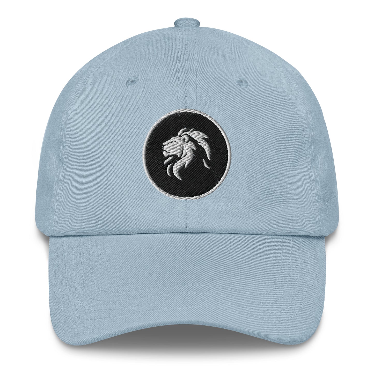 Stylish light blue dad hat with stitched lion design, adjustable strap, and curved visor, perfect for casual wear and trendy streetwear fashion.