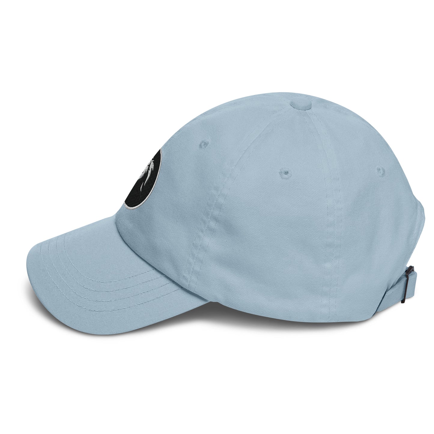 Light blue stitched lion Dad hat with adjustable strap and curved visor, perfect for trendy streetwear and sustainable fashion.