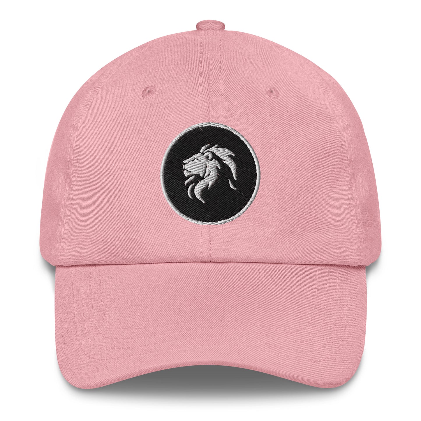 Pink dad hat with embroidered lion design, adjustable strap, casual fashion accessory for streetwear and sustainable style.