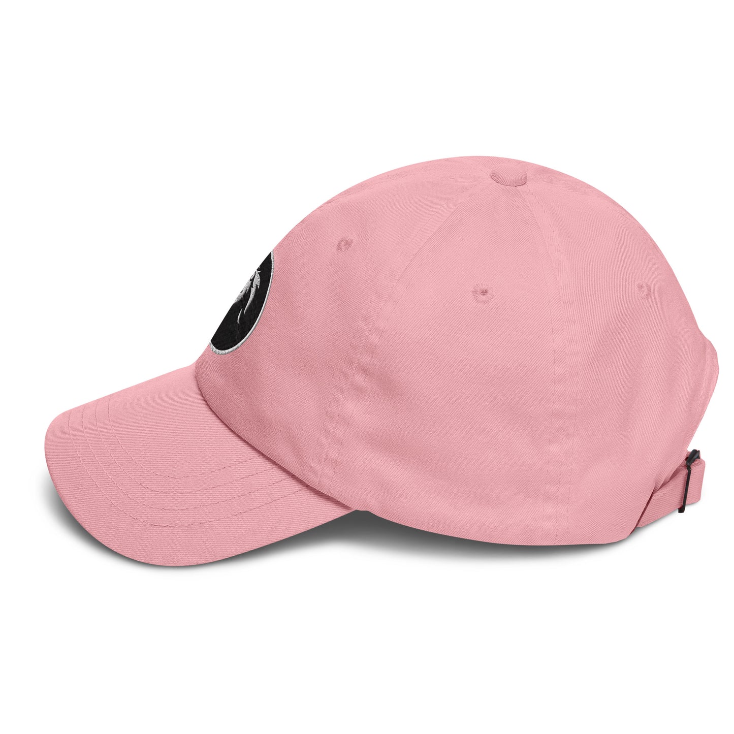 Pink stitched lion dad hat with adjustable strap and curved visor, featuring unique design for trendy streetwear fashion.