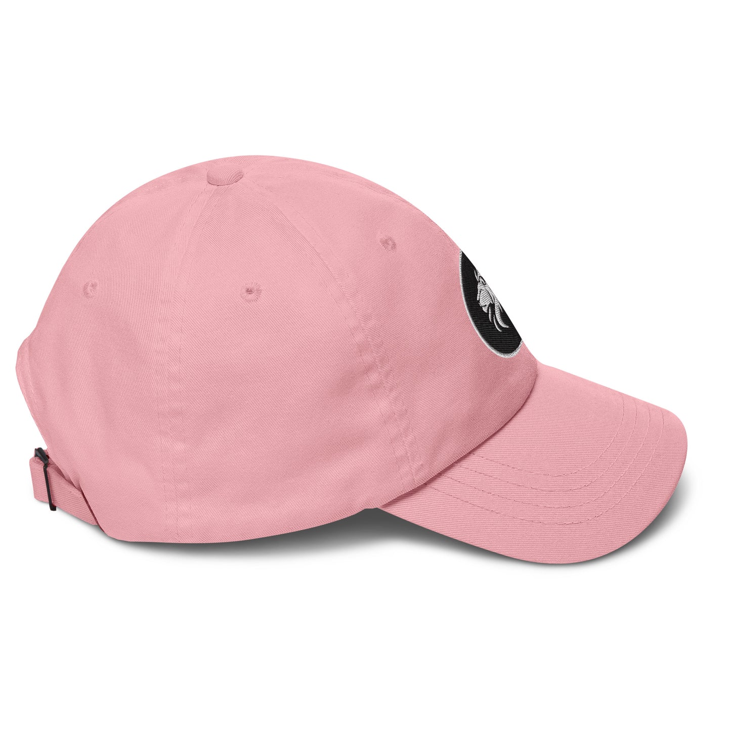 Pink dad hat with stitched lion design, adjustable strap, streetwear fashion accessory, sustainable and trendy casual wear.