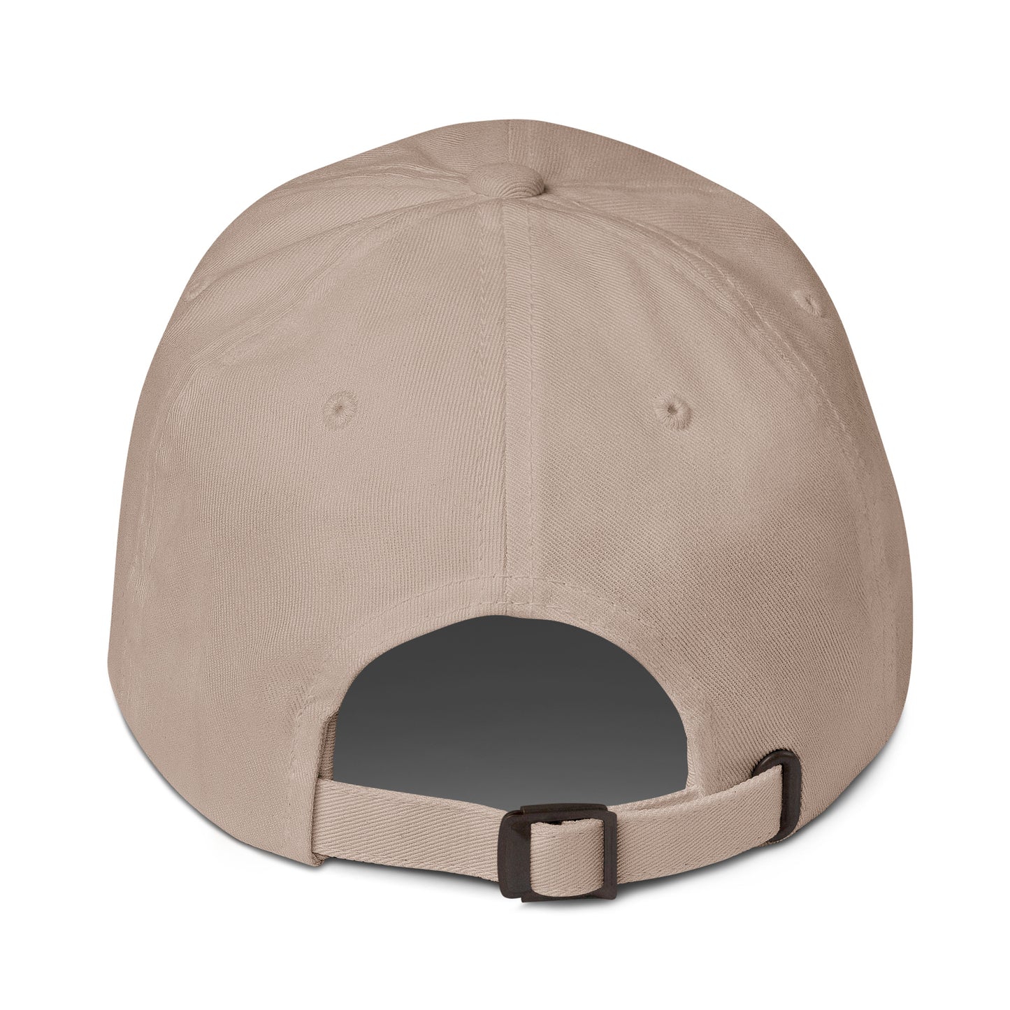 Adjustable back of stitched lion dad hat showcasing antique buckle and breathable fabric for sustainable streetwear fashion.