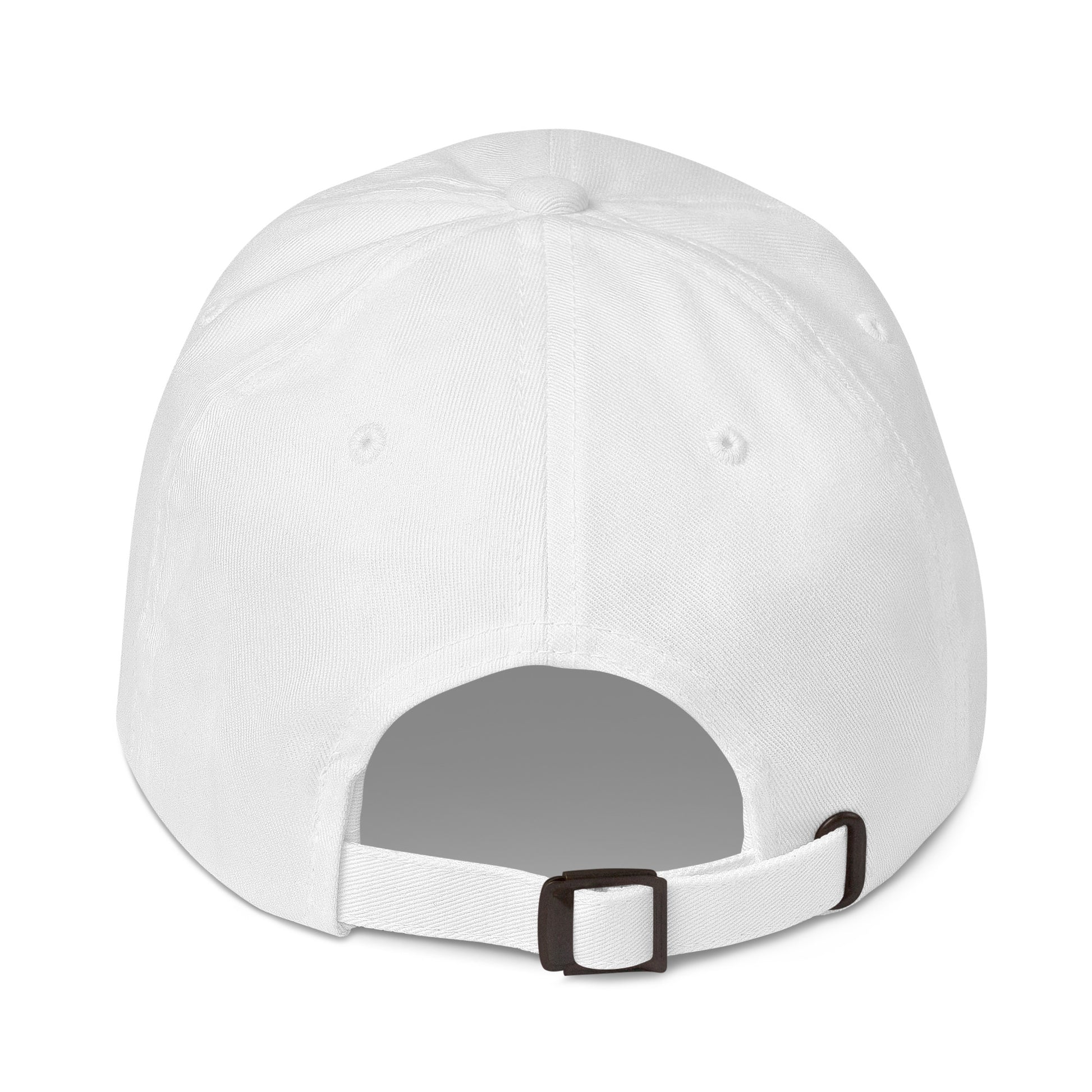 Adjustable strap on white dad hat with antique buckle and embroidered eyelets, perfect for casual wear and sustainable fashion.