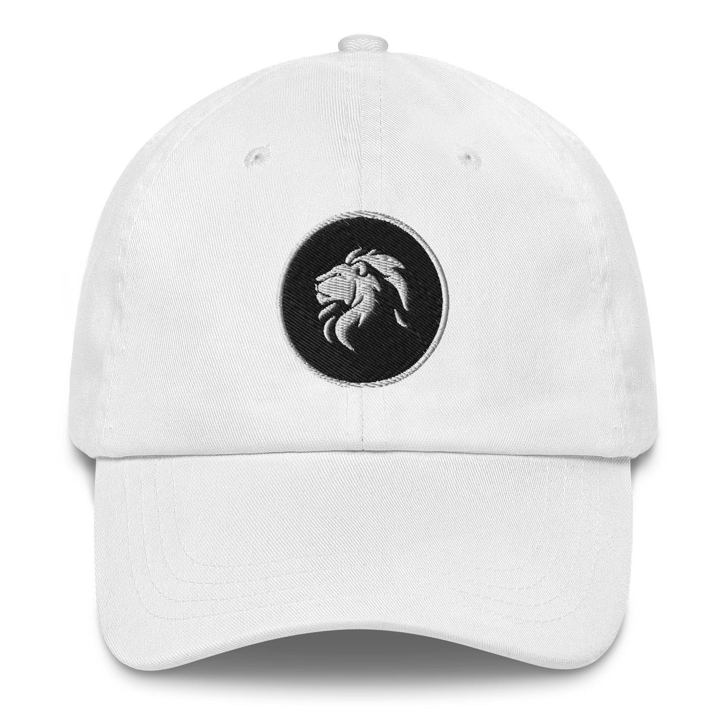 White Dad hat with embroidered lion design, streetwear fashion accessory, unique custom apparel, adjustable strap, trendy statement piece.