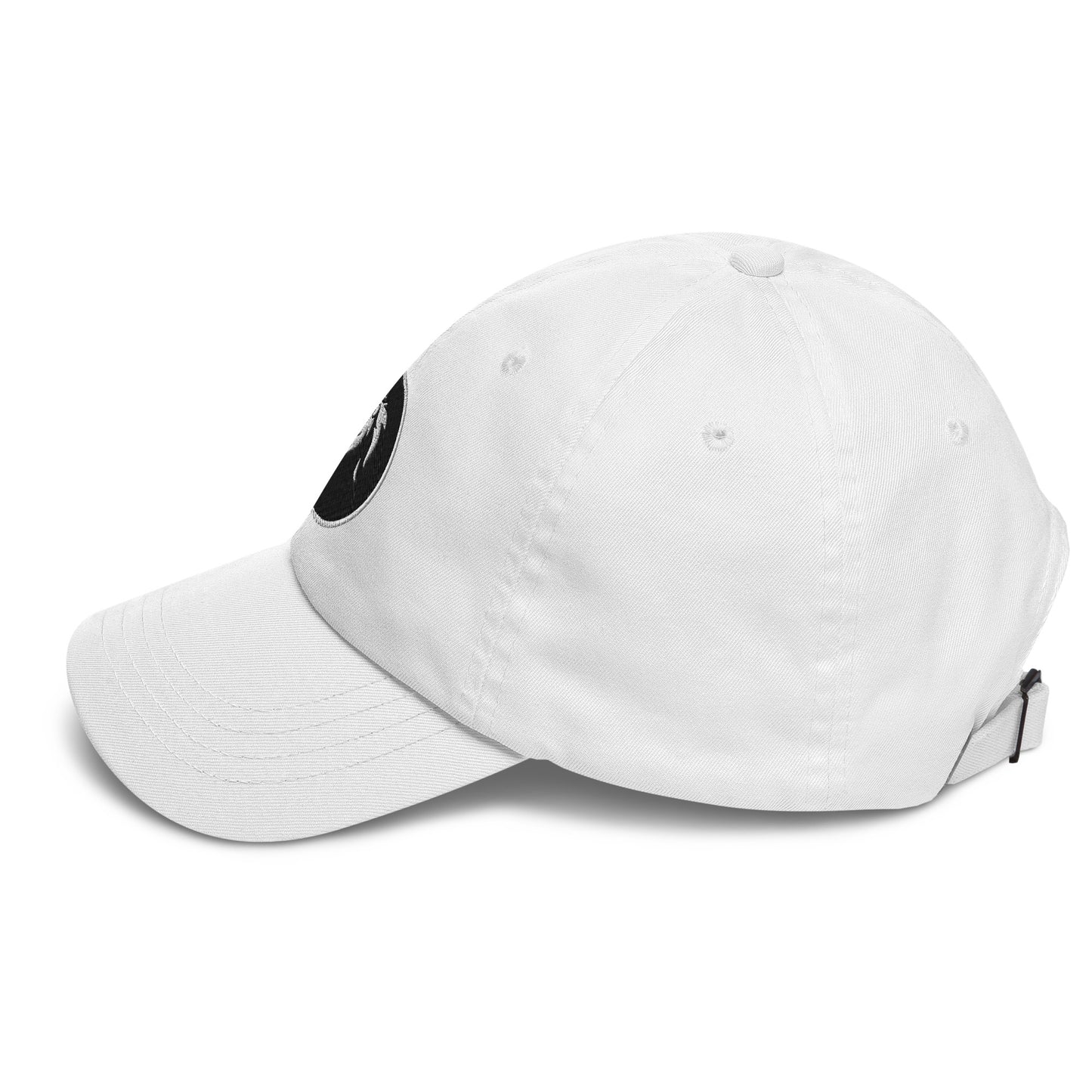 White stitched lion Dad hat with adjustable strap, eco-friendly minimalist fashion accessory for casual streetwear outfit.