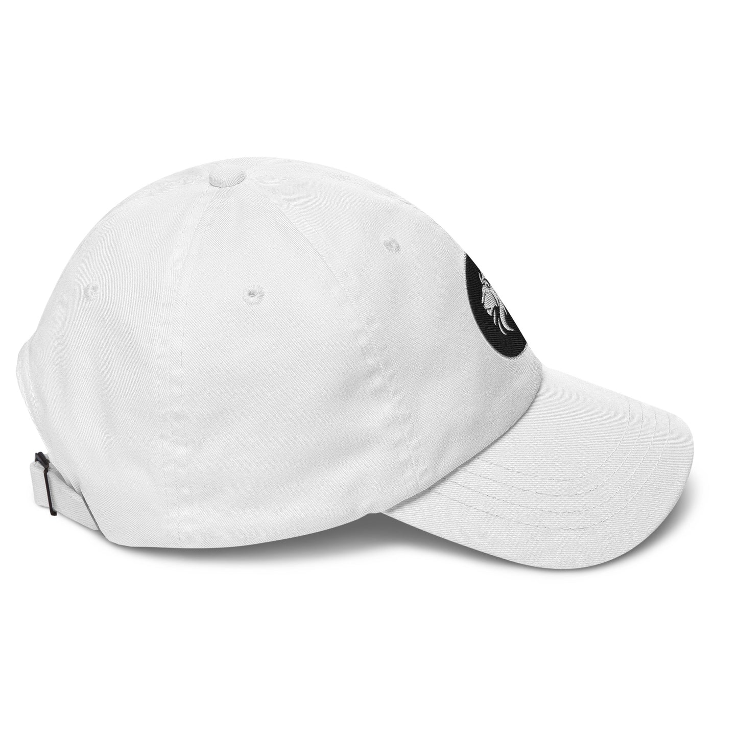 White stitched lion dad hat with low profile and adjustable strap, featuring trendy minimalist design for streetwear and casual fashion.