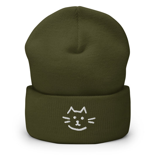 Meow Face Cuffed Beanie - LUDE fashion, streetwear, unique designs, custom apparel, gift ideas, trendy, eco-friendly, statement pieces, graphic tees, sustainable fashion, minimalist, pop culture, creative prints, bold designs, limited edition, casual wear, artistic, lifestyle