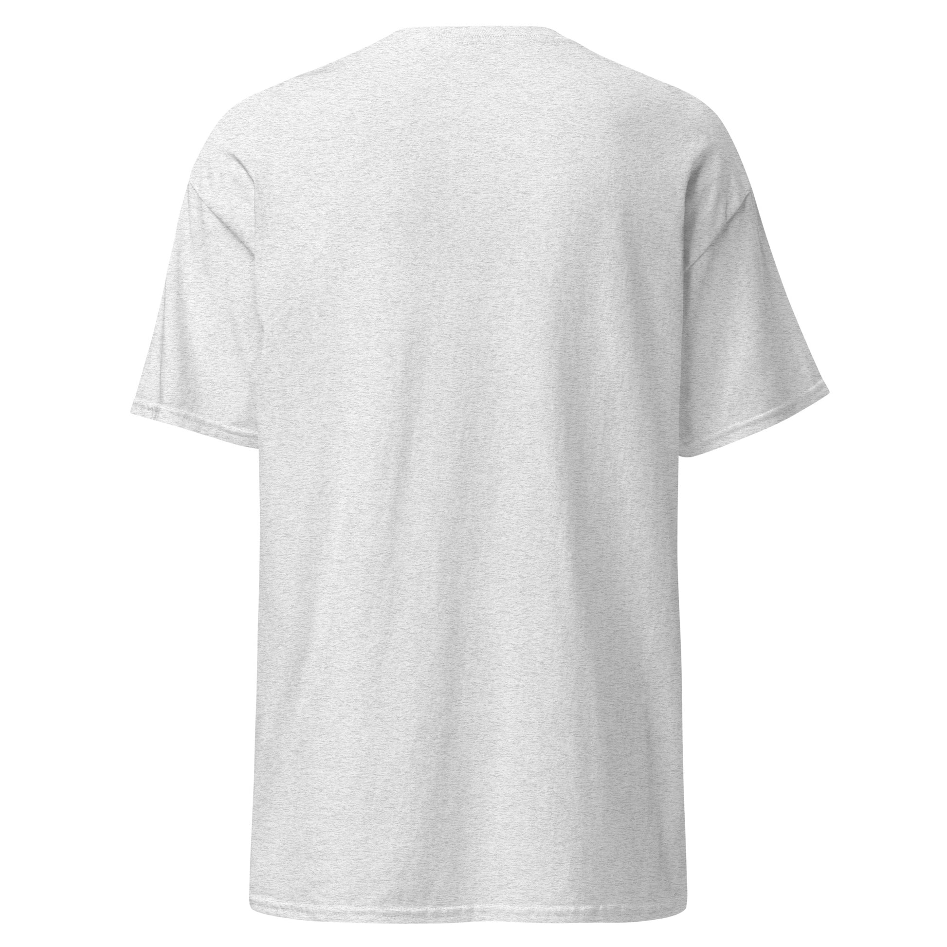 Back view of white unisex classic tee, 100% cotton, ideal for trendy streetwear and sustainable fashion enthusiasts.