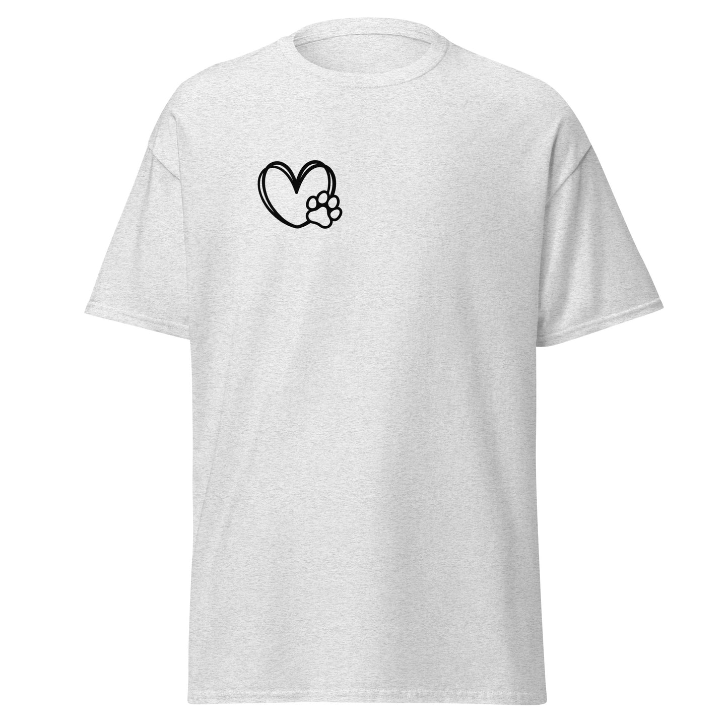 Unisex classic tee with heart and paw print design, perfect for streetwear lovers seeking trendy and sustainable fashion.