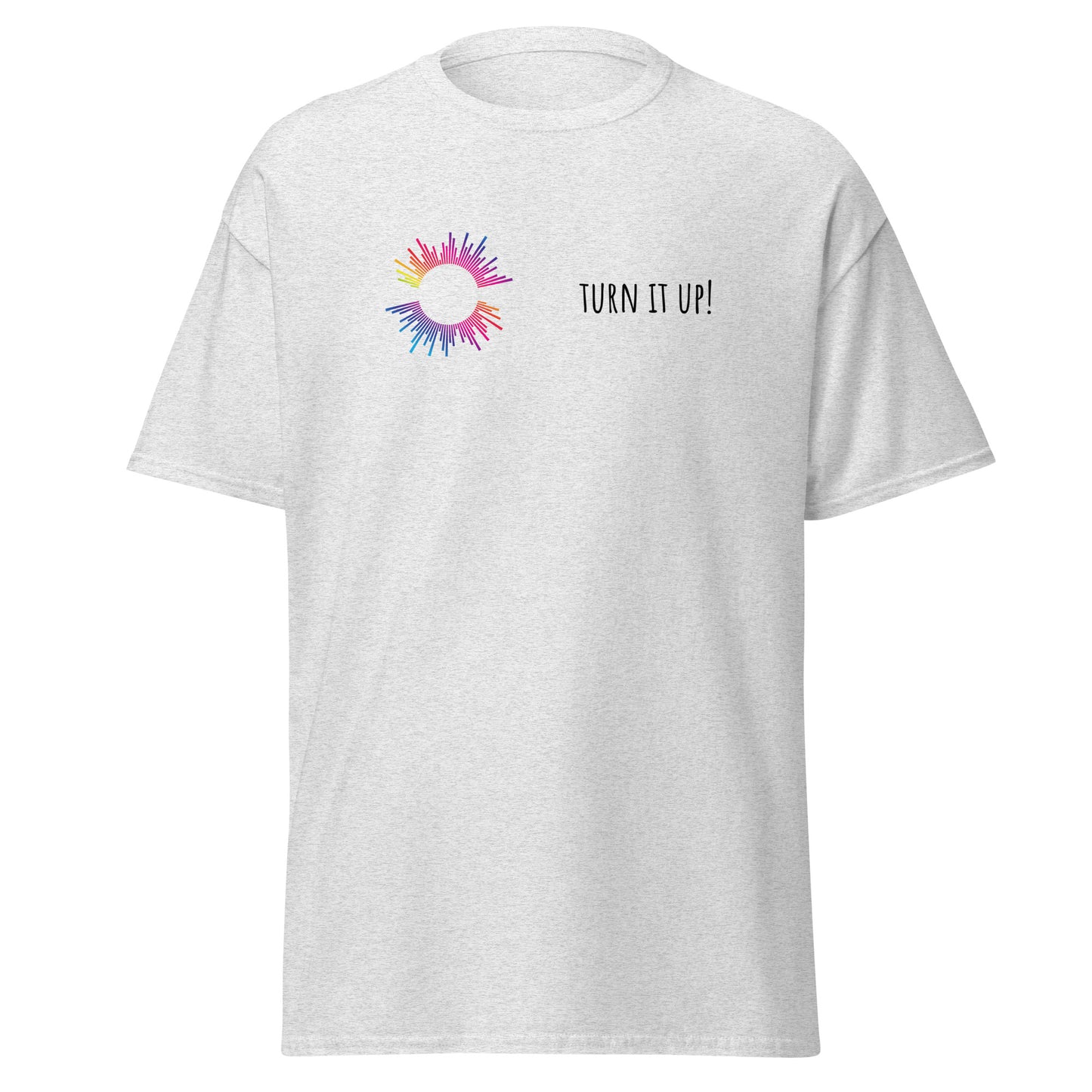 "Turn it Up unisex classic tee with colorful graphic, 100% cotton, perfect for trendy streetwear, sustainable fashion statement piece"