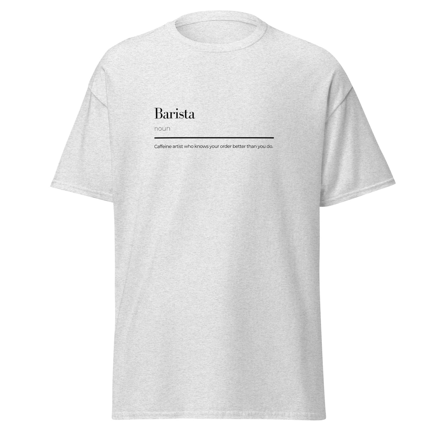 Barista wordplay unisex classic tee, minimalist graphic, trendy sustainable fashion, 100% cotton casual streetwear statement piece.