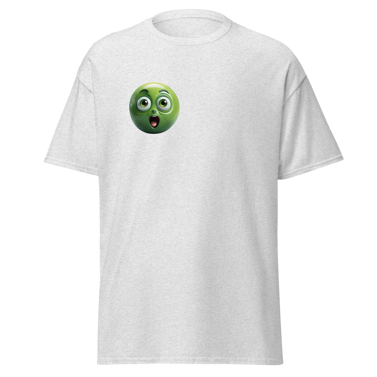 Unisex tee with surprised emoji print, trendy streetwear fashion, 100% cotton, casual style, unique statement piece.