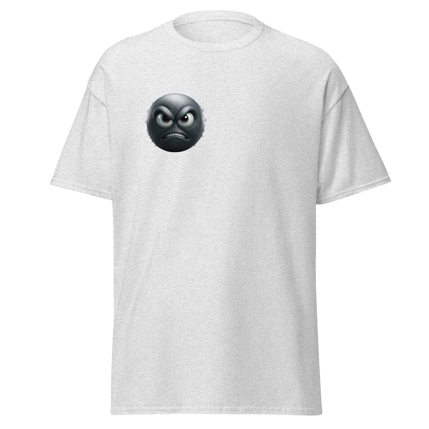 Unisex classic tee with annoyed emoji design on white fabric, perfect for trendy streetwear and casual fashionistas.