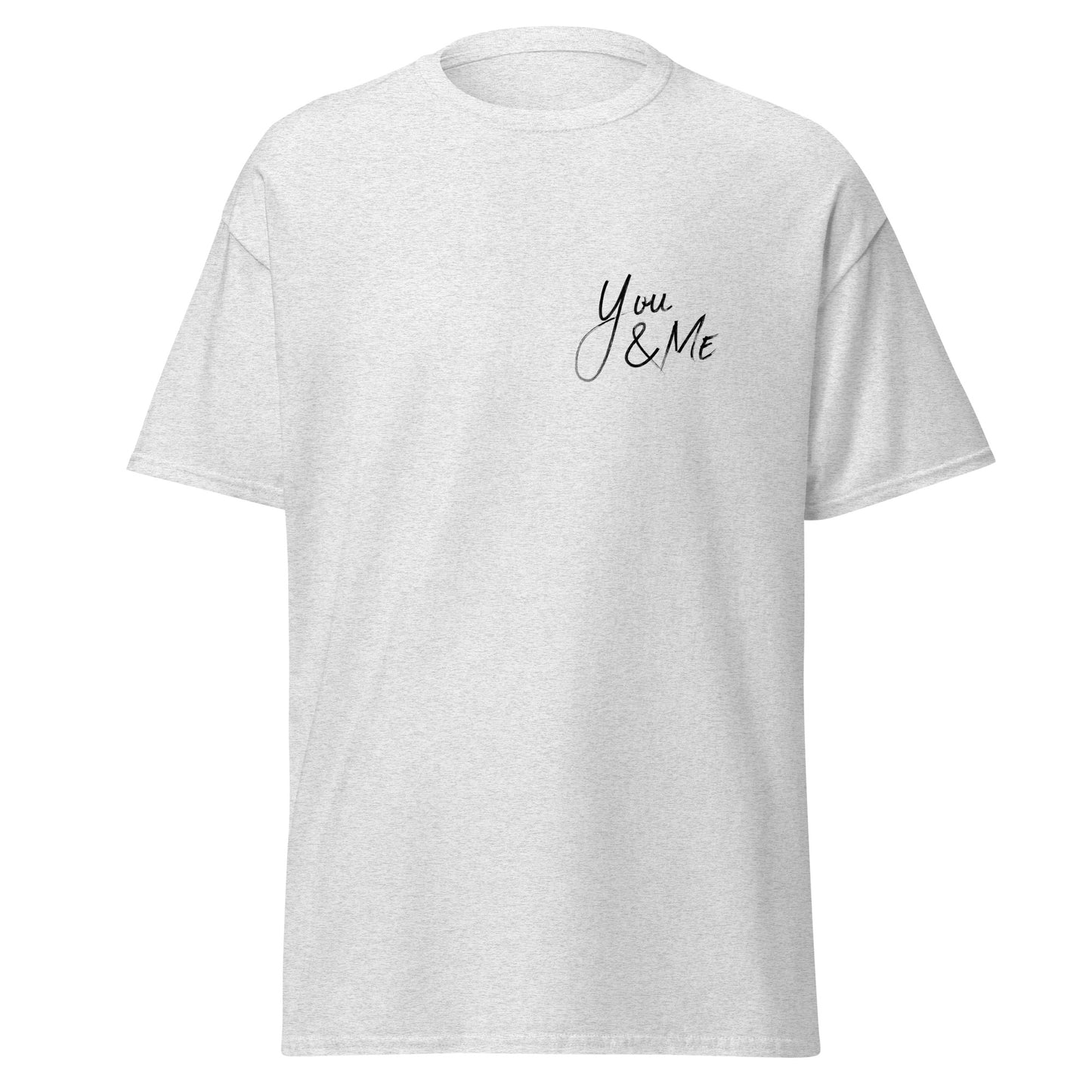 Unisex classic tee with "You & Me" text, 100% cotton, perfect for streetwear fashion, minimalist, trendy statement piece.