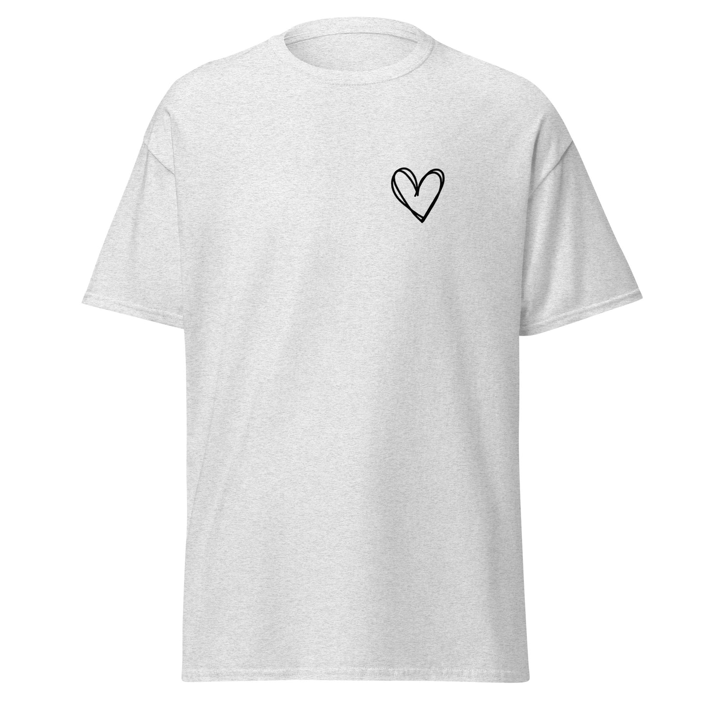 Unisex classic white tee with simple heart design, 100% cotton, trendy casual streetwear, minimalist fashion statement piece