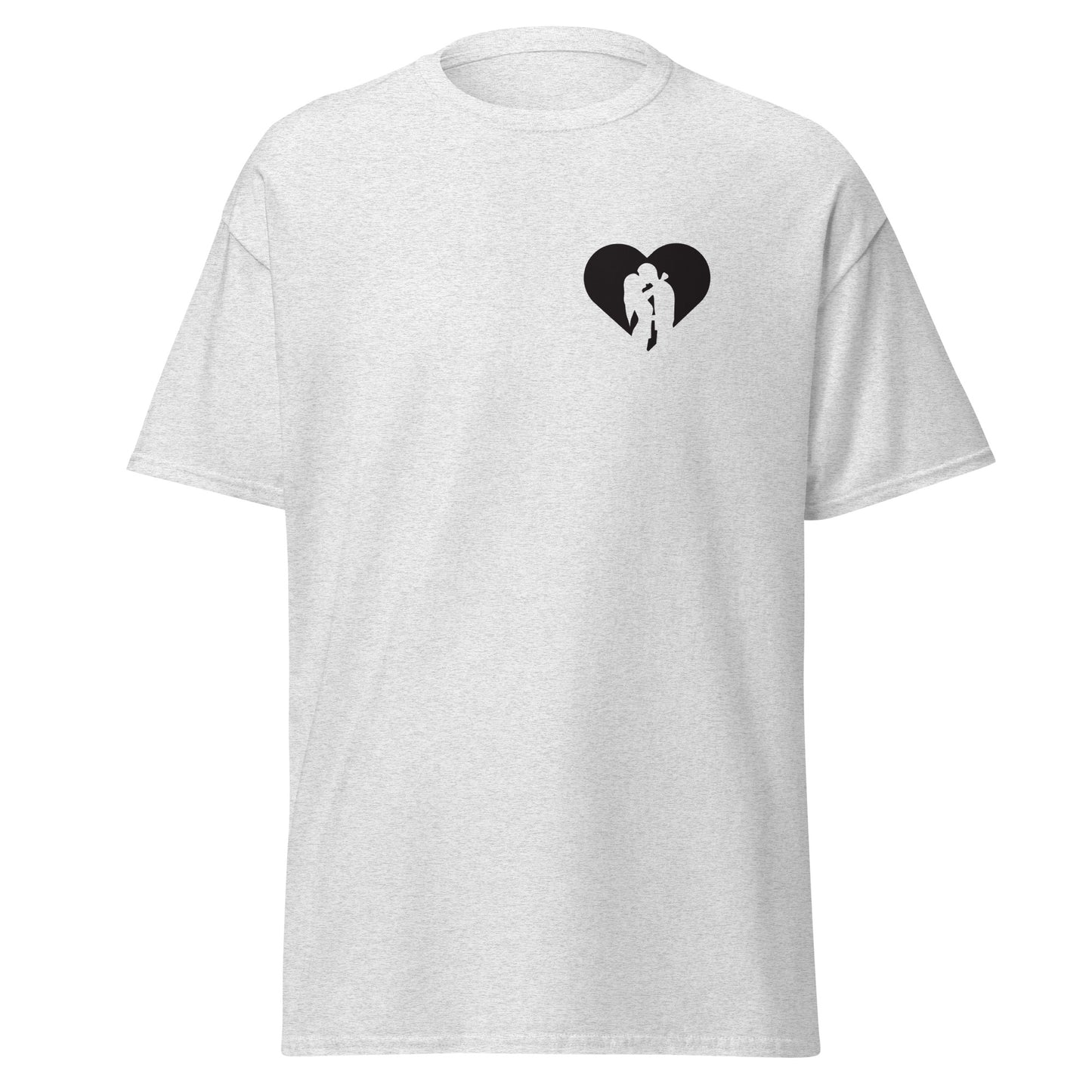 Unisex cotton tee with heart and couple design, trendy streetwear, eco-friendly, perfect for layering or as a unique gift.